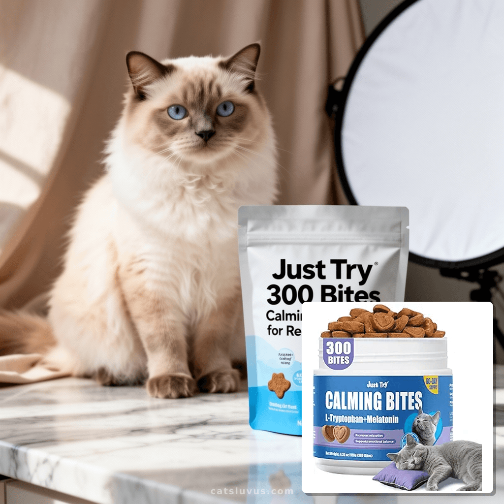Just Try 300 Bites Calming Cat Treats for Relaxation - with  with cat - professional product lifestyle photo