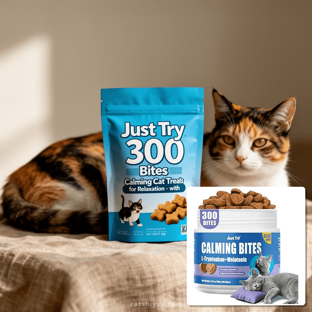 Just Try 300 Bites Calming Cat Treats for Relaxation - with  with cat - professional product lifestyle photo