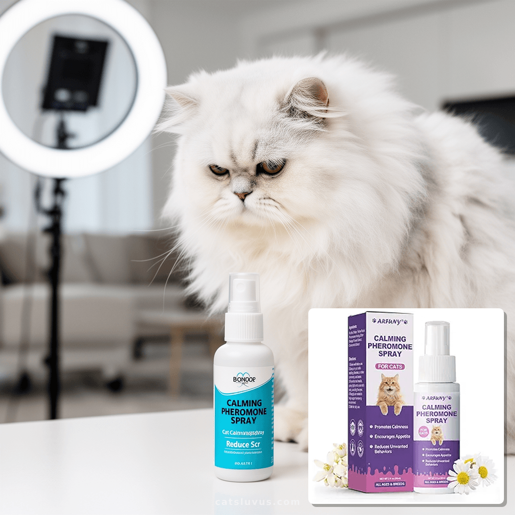 Cat Calming Pheromone Spray - Cat Calming Spray - Reduce Scr with cat - professional product lifestyle photo