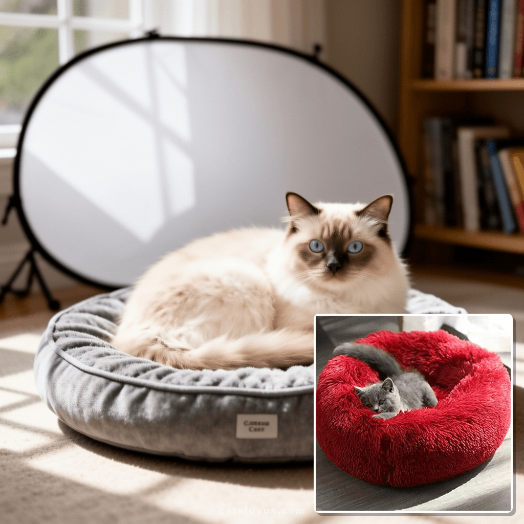 Small Cat Beds for Indoor Cats - Cat Bed Washable 16 inches with cat - professional product lifestyle photo