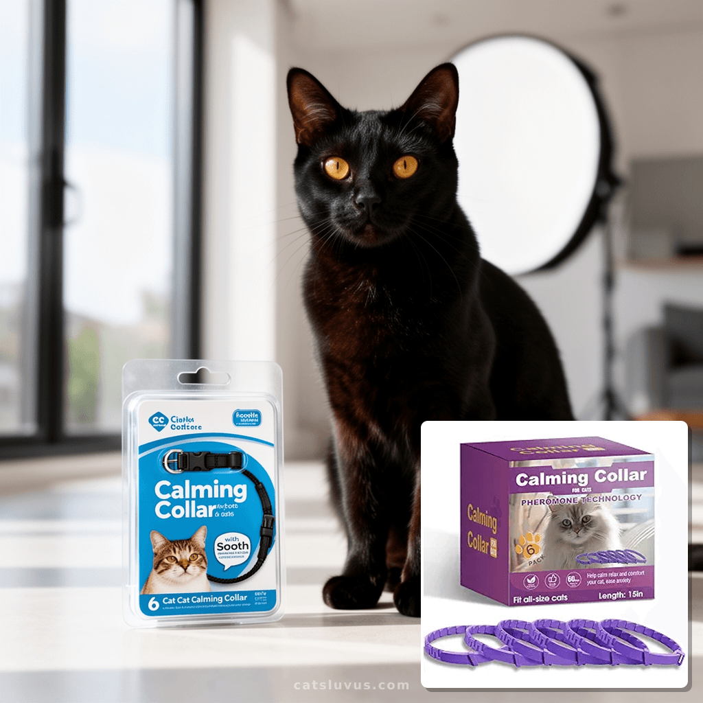 Calming Collar for Cats 6 Pack Cat Calming Collar with Sooth with cat - professional product lifestyle photo