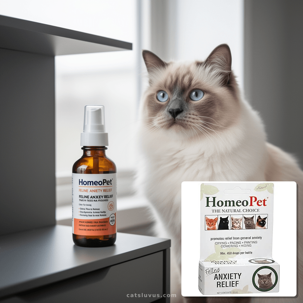 HomeoPet Feline Anxiety Relief with cat - professional product lifestyle photo