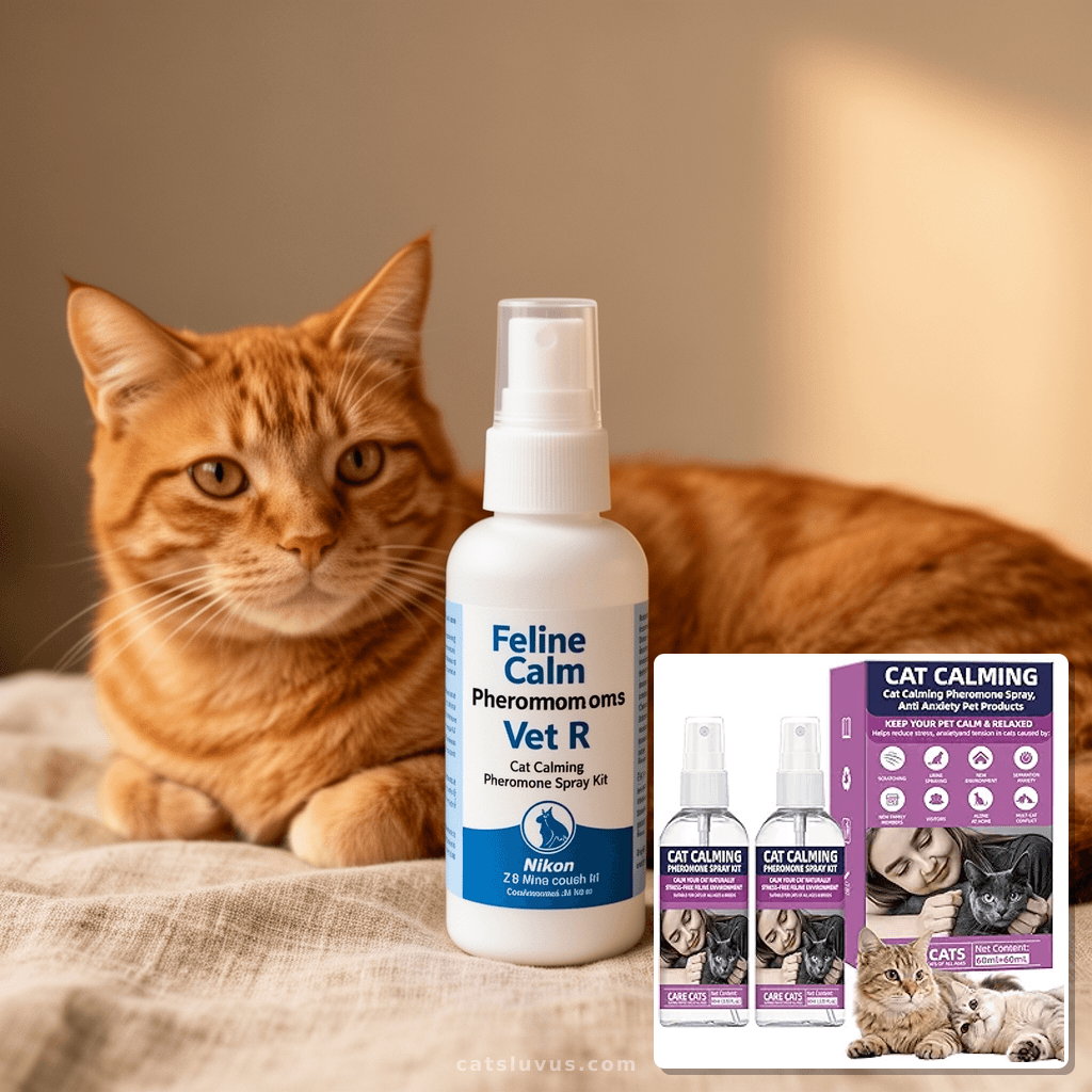 Cat Calming Pheromone Spray Kit Feline Calm Pheromones Vet R with cat - professional product lifestyle photo