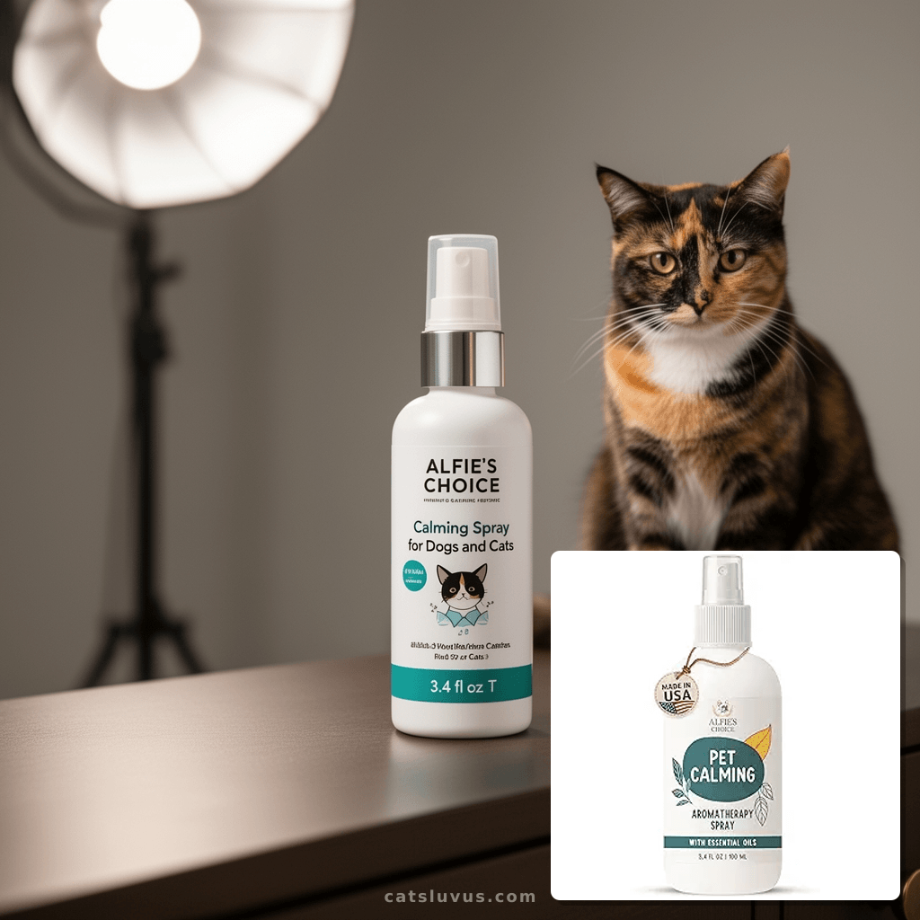 ALFIE'S CHOICE Calming Spray for Dogs and Cats | 3.4 fl oz T with cat - professional product lifestyle photo