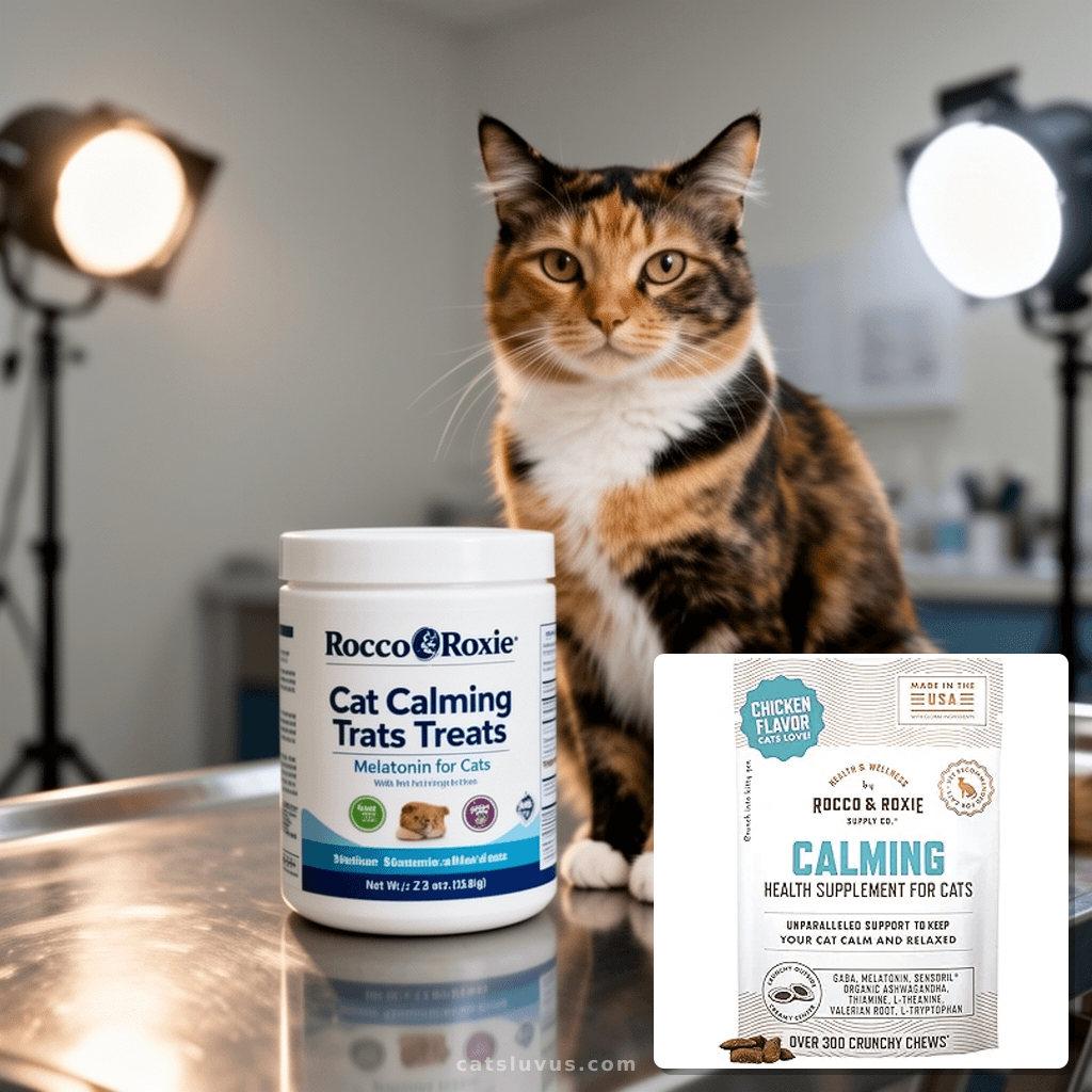 Rocco & Roxie Cat Calming Treats with Melatonin for Cats with cat - professional product lifestyle photo