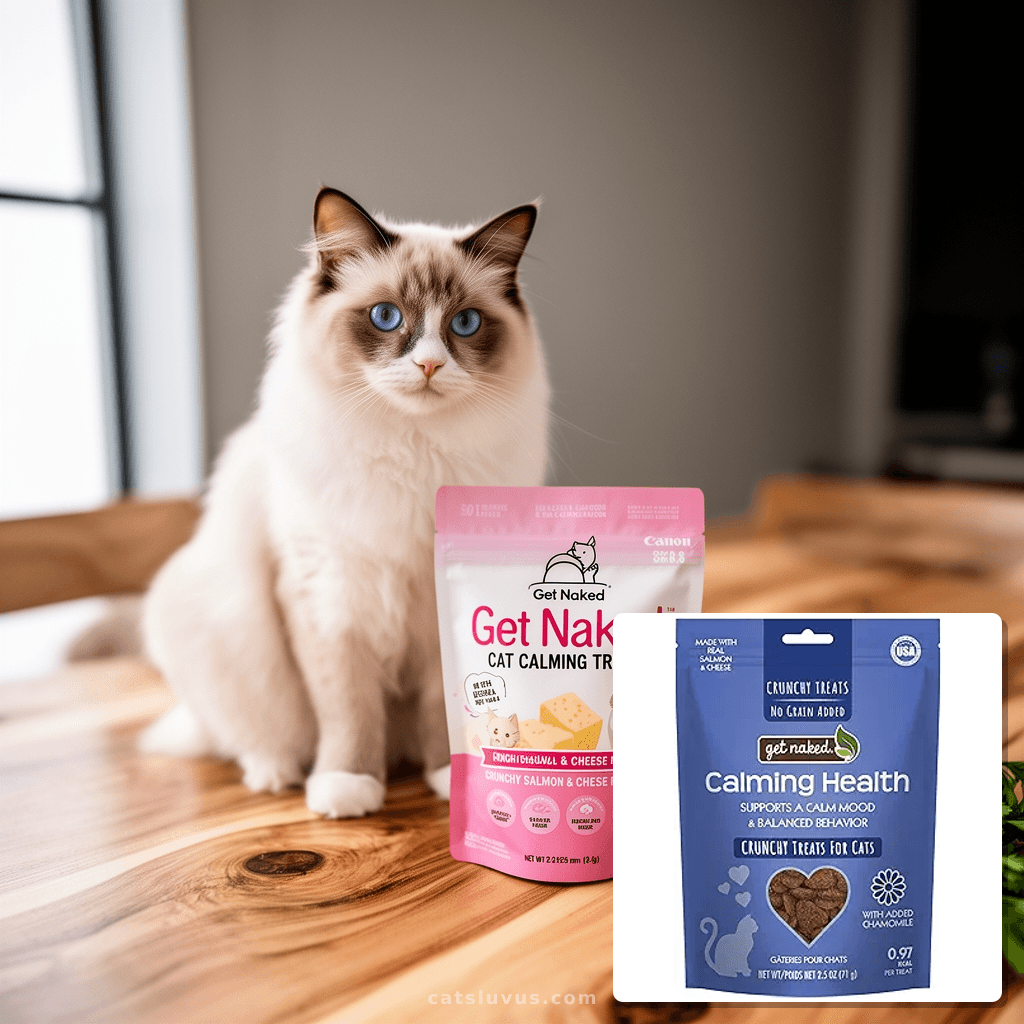 Get Naked Cat Calming Treats | Crunchy Salmon & Cheese Flavo with cat - professional product lifestyle photo