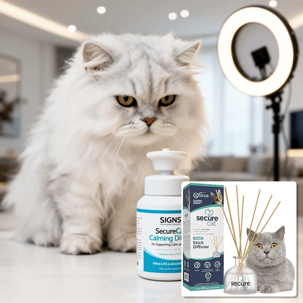 SIGNS SecureCat Calming Diffuser for Supporting Calm and Wel with cat - professional product lifestyle photo