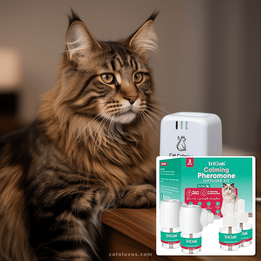 Cat Calming Pheromone Diffuser Plug-in – Feline Pheromones f with cat - professional product lifestyle photo