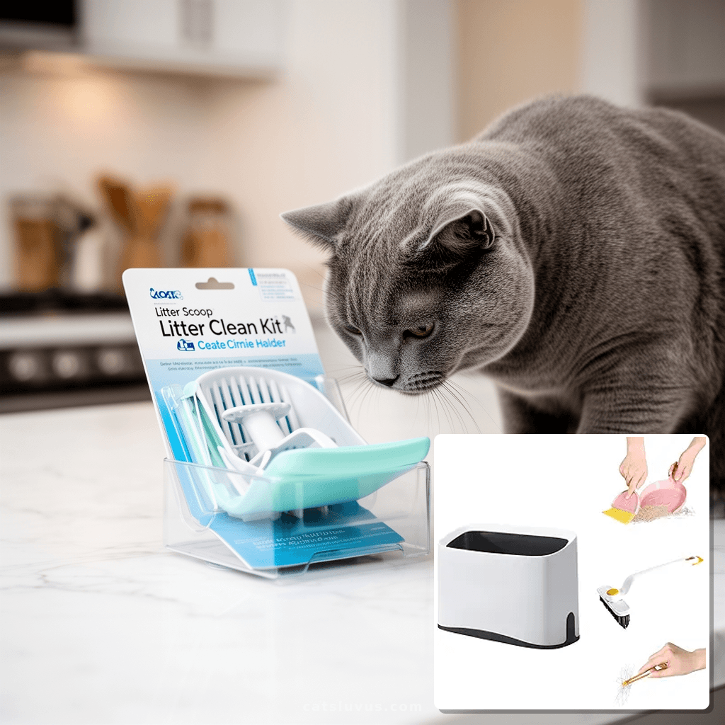 Litter Scoop Holder with Clean Kit with cat - professional product lifestyle photo