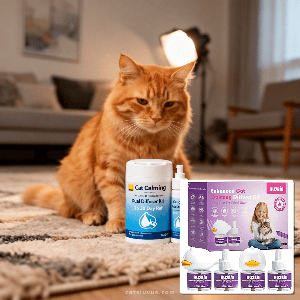 Cat Calming Diffuser – Dual Diffuser Kit with 2 x 30-Day Ref with cat - professional product lifestyle photo