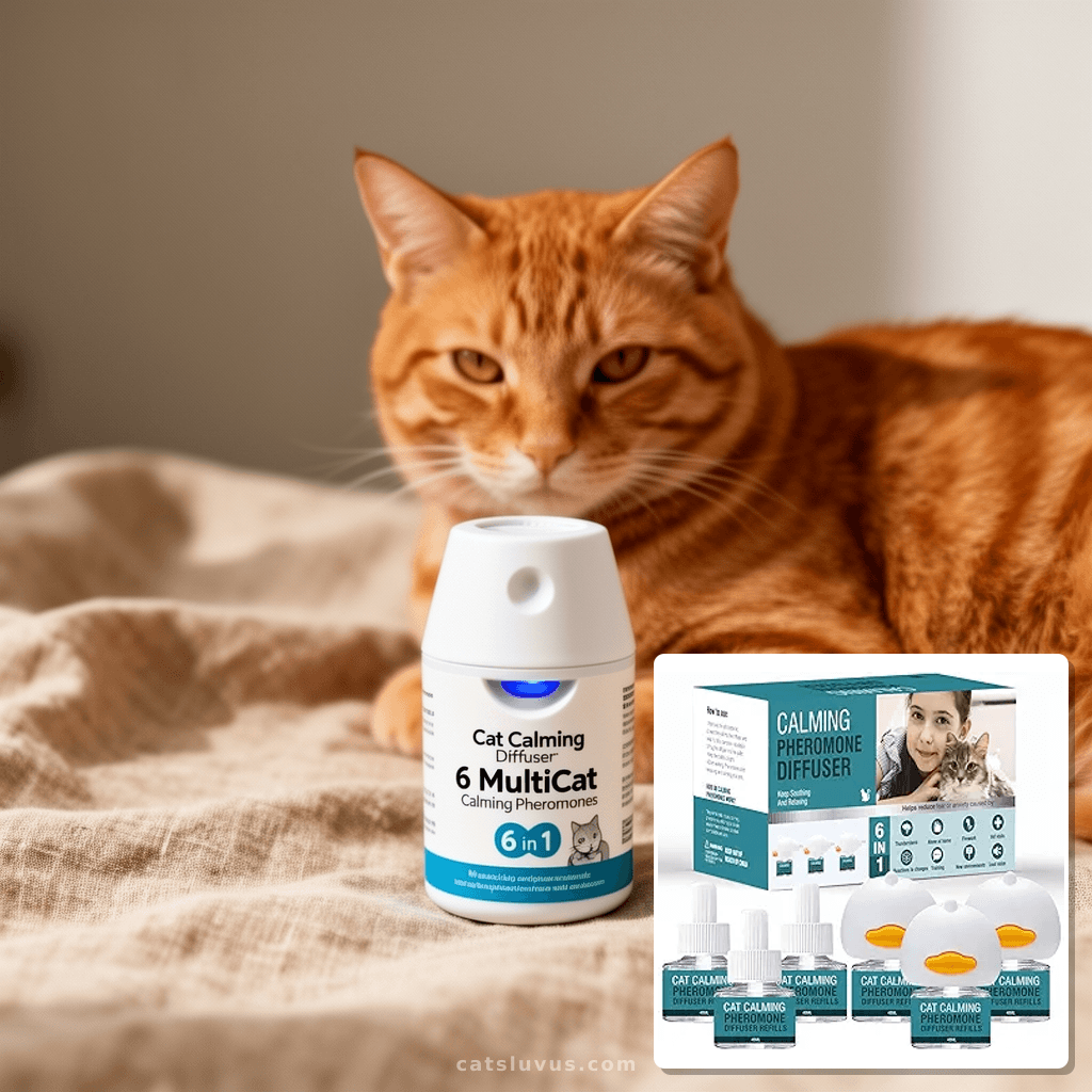 Cat Calming Diffuser 6 in 1 Multicat Calming Pheromones Diff with cat - professional product lifestyle photo