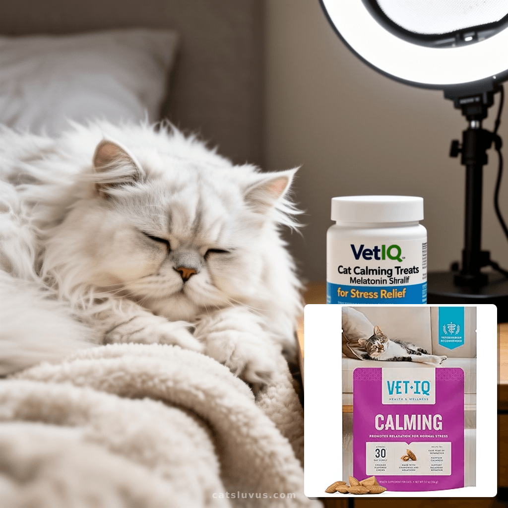 VetIQ Cat Calming Treats with Melatonin for Stress Relief with cat - professional product lifestyle photo