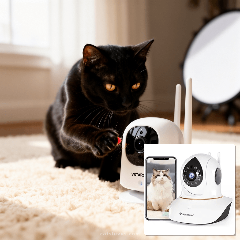 VSTARCAM Interactive Pet Camera with Dual WiFi Antennas with cat - professional product lifestyle photo