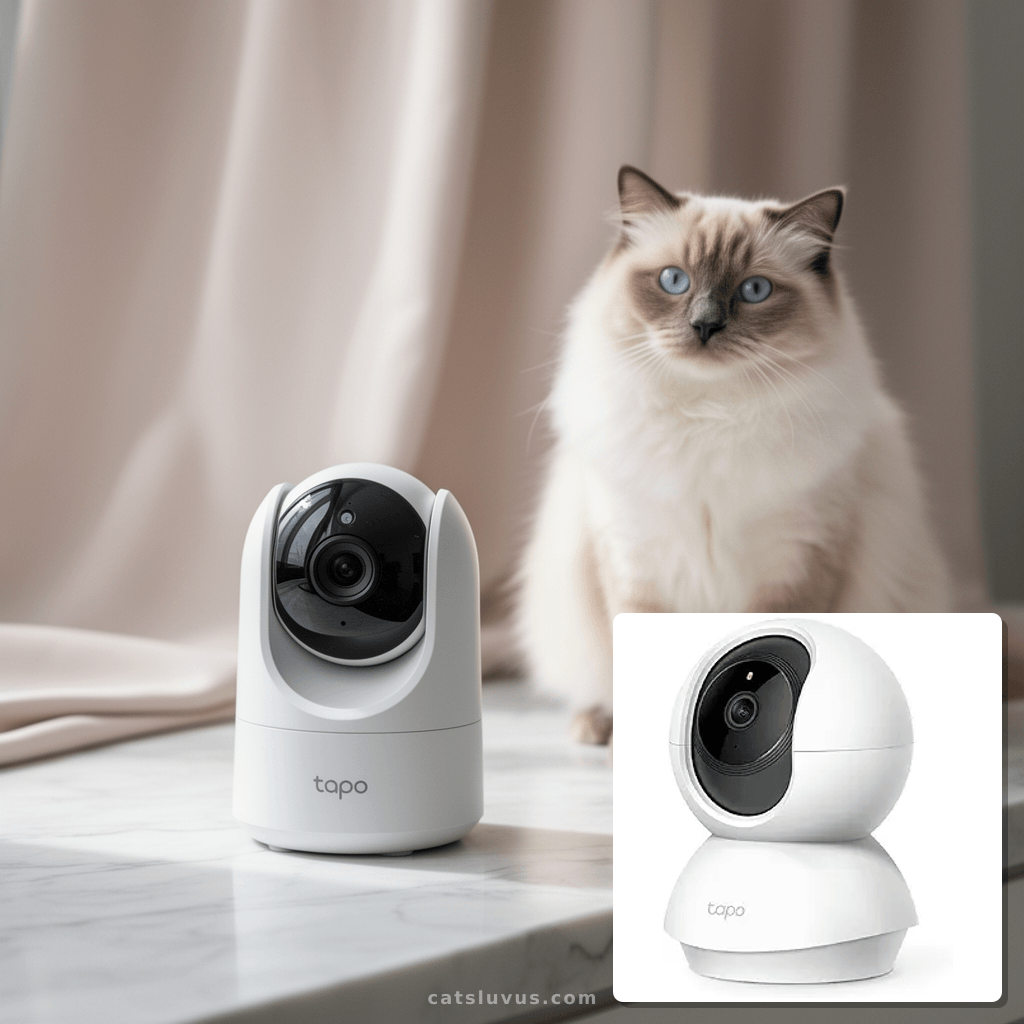 TP-Link Tapo Pan/Tilt Security Camera for Baby Monitor with cat - professional product lifestyle photo