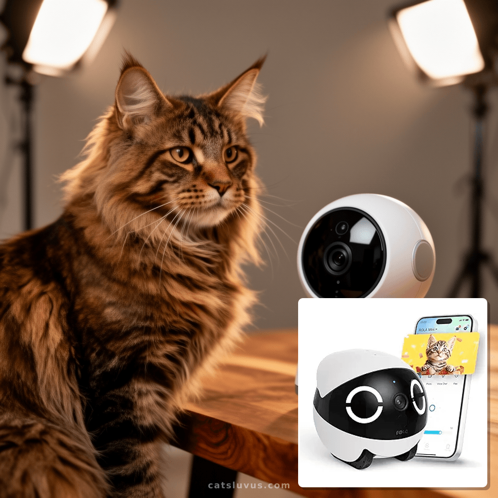 Enabot EBO ROLA Mini FamilyBot 2K Pet Camera Robot: Movable with cat - professional product lifestyle photo