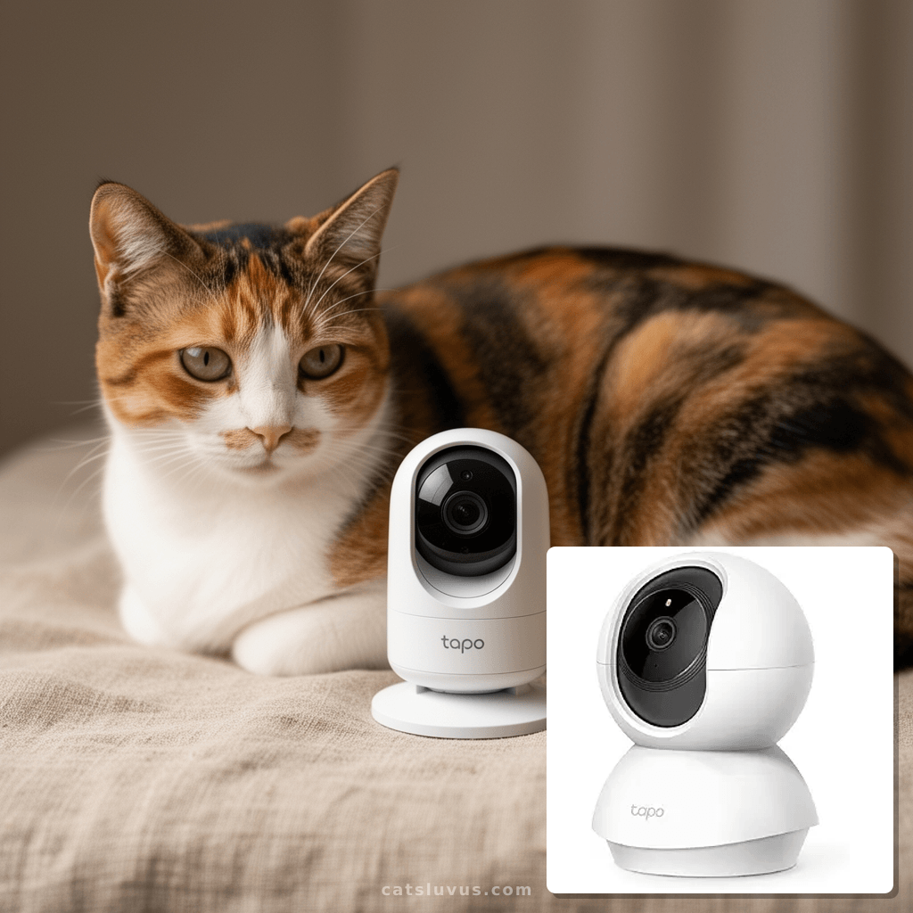 TP-Link Tapo Pan/Tilt Security Camera for Baby Monitor with cat - professional product lifestyle photo