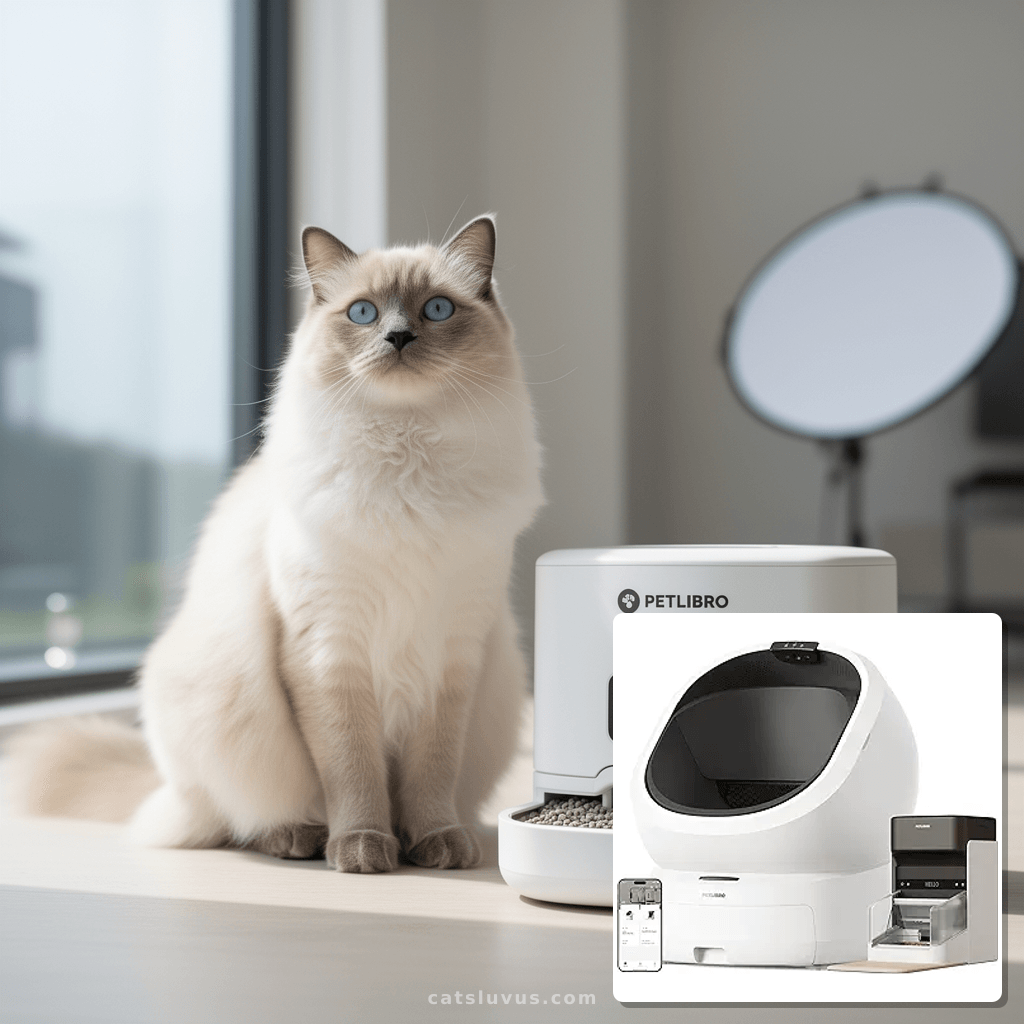 Bundle of PETLIBRO Upgrade Luma Automatic Cat Litter Box AI with cat - professional product lifestyle photo