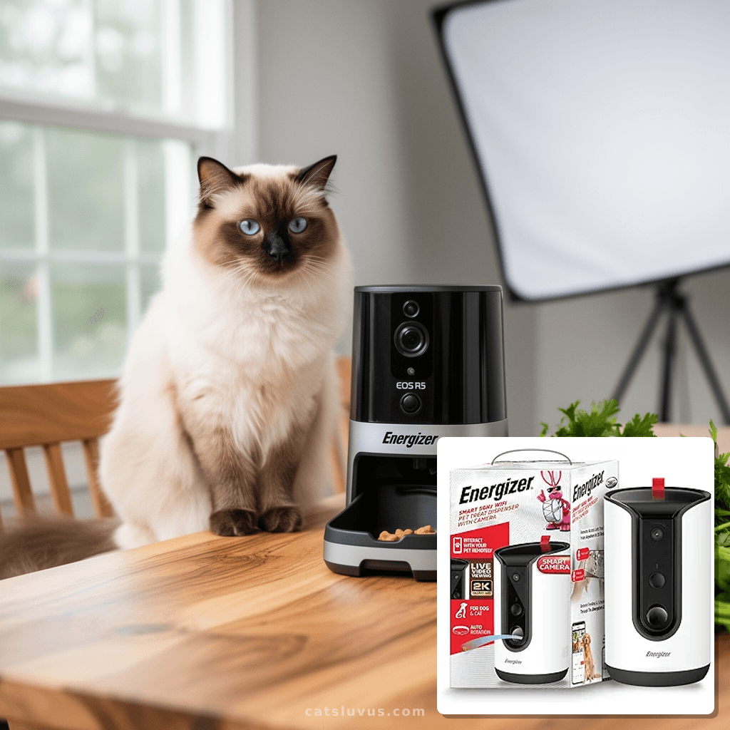 Energizer Smart Pet Treater with 2K Video Camera with cat - professional product lifestyle photo