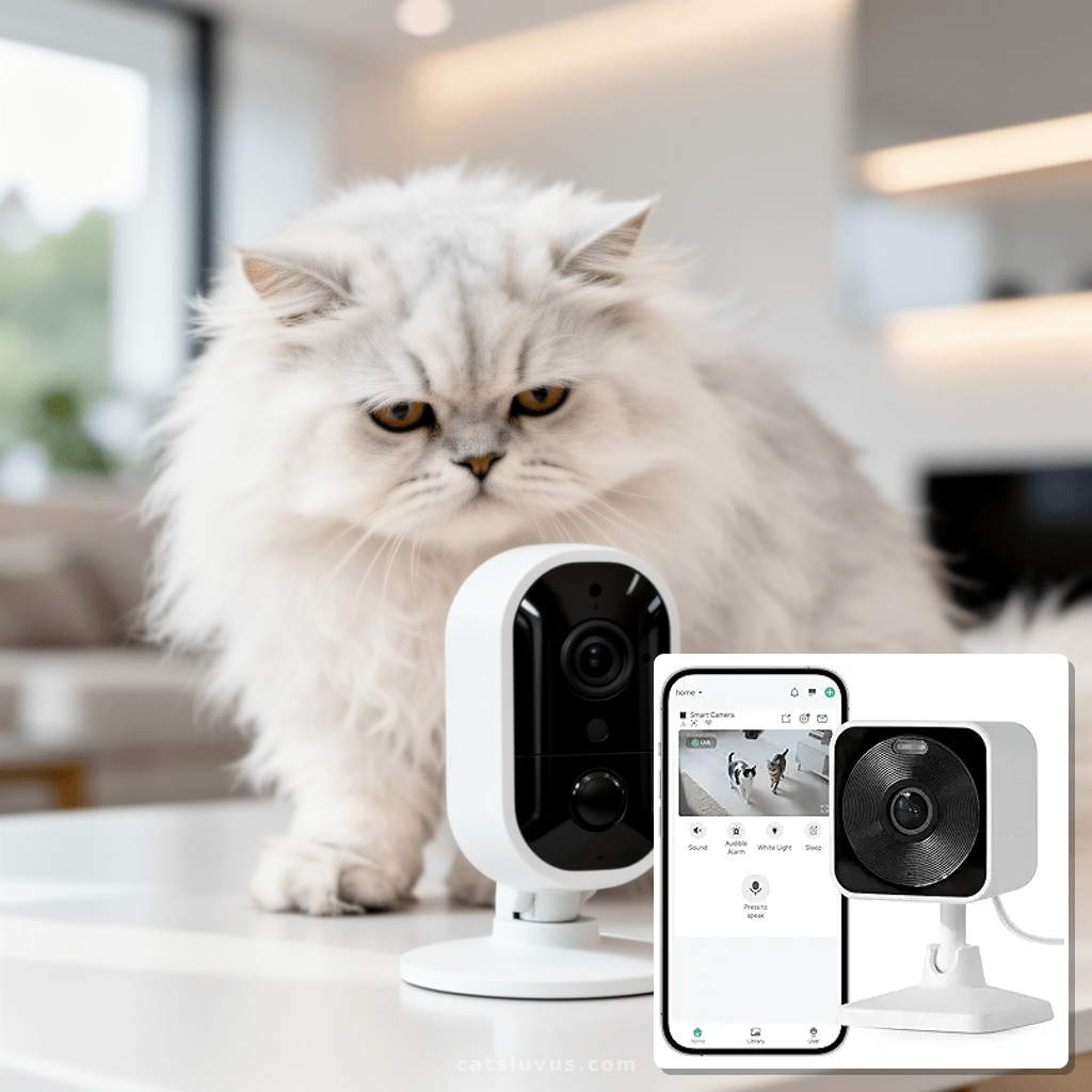 Outdoor & Indoor Security Camera with cat - professional product lifestyle photo