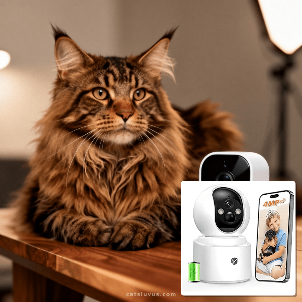 Battery Powered Indoor Camera Wireless for Home Monitoring with cat - professional product lifestyle photo