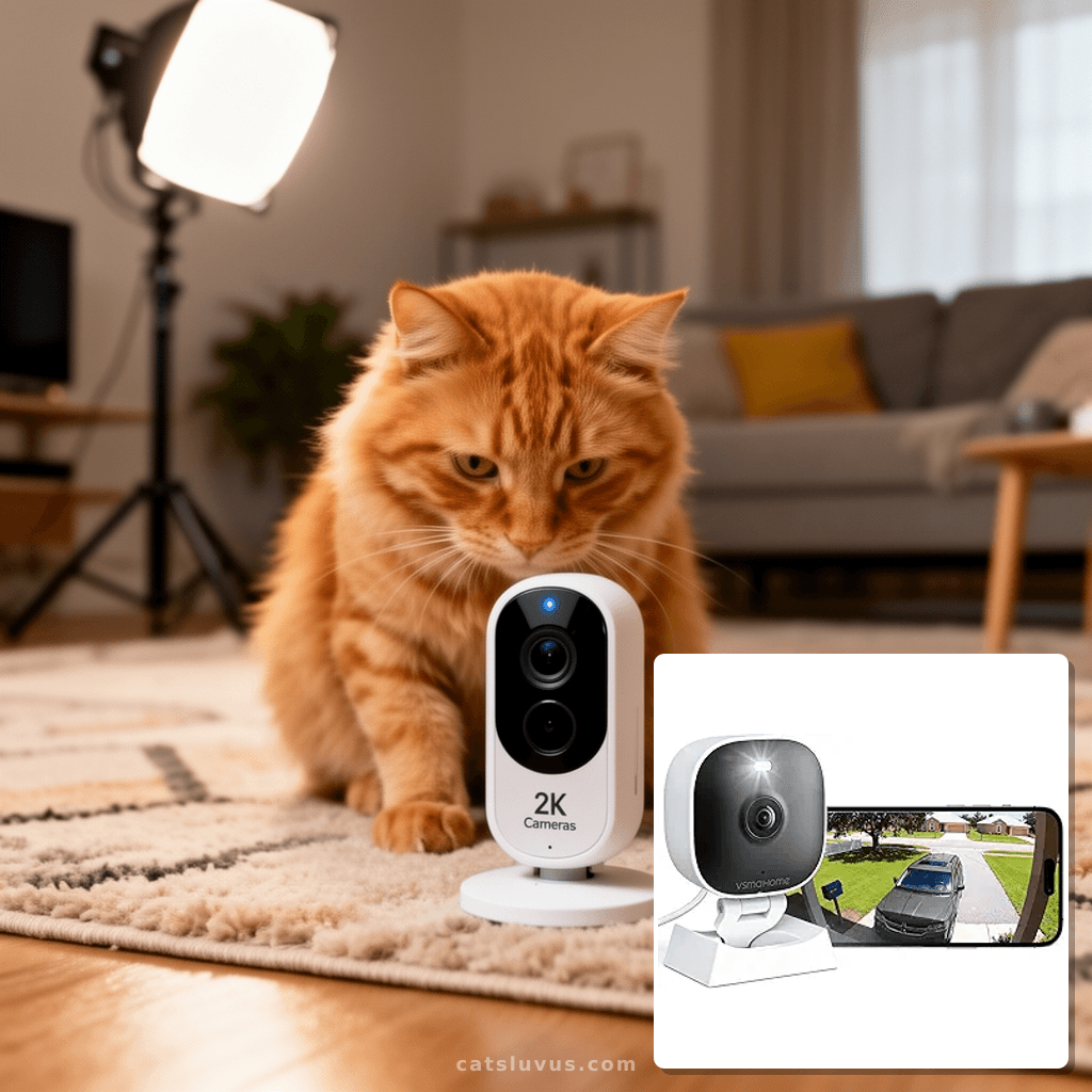 2K Cameras for Home Security with cat - professional product lifestyle photo