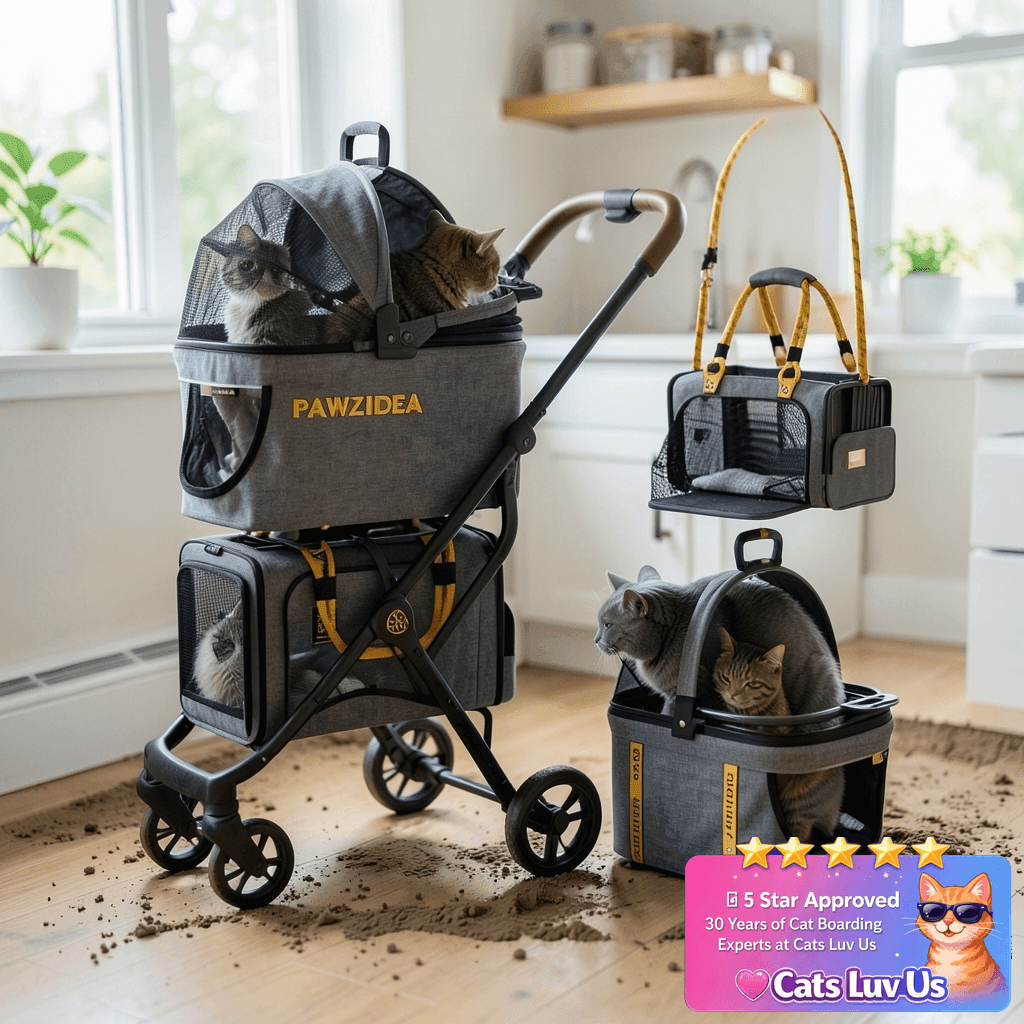 PAWZIDEA Double Pet Stroller with 2 Detachable Carrier with cat - professional product lifestyle photo