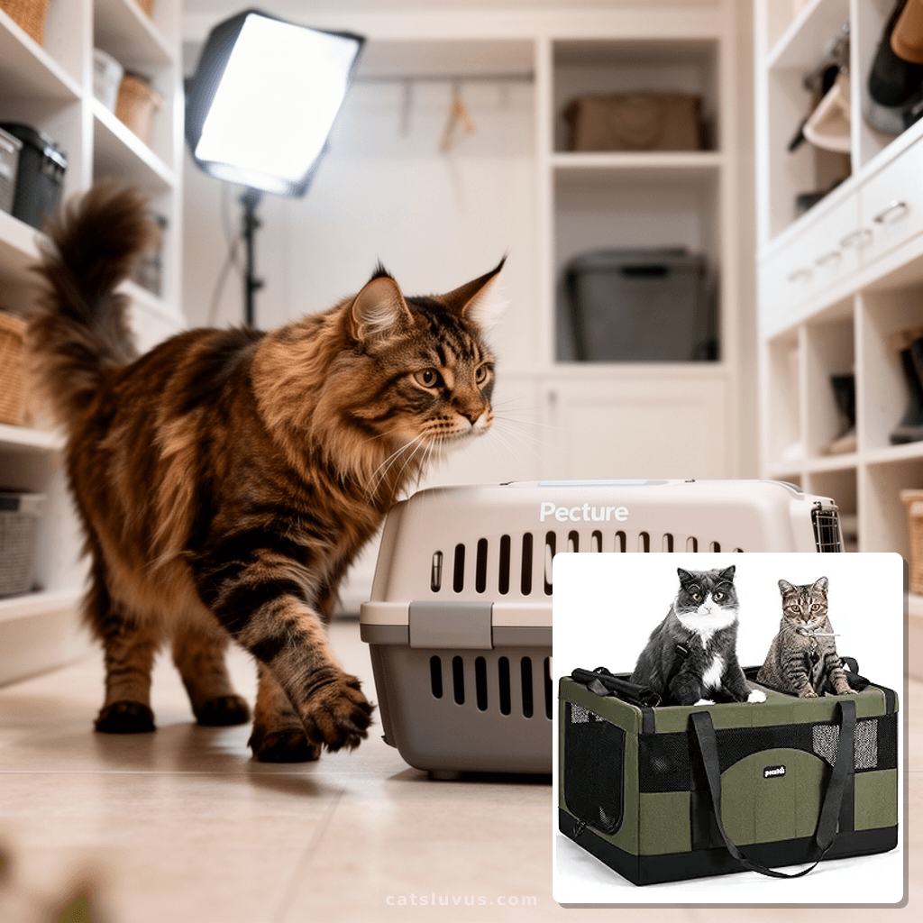 Pecute Large Cat Carrier for 2 Cats Built-in Steel Frame & with cat - professional product lifestyle photo