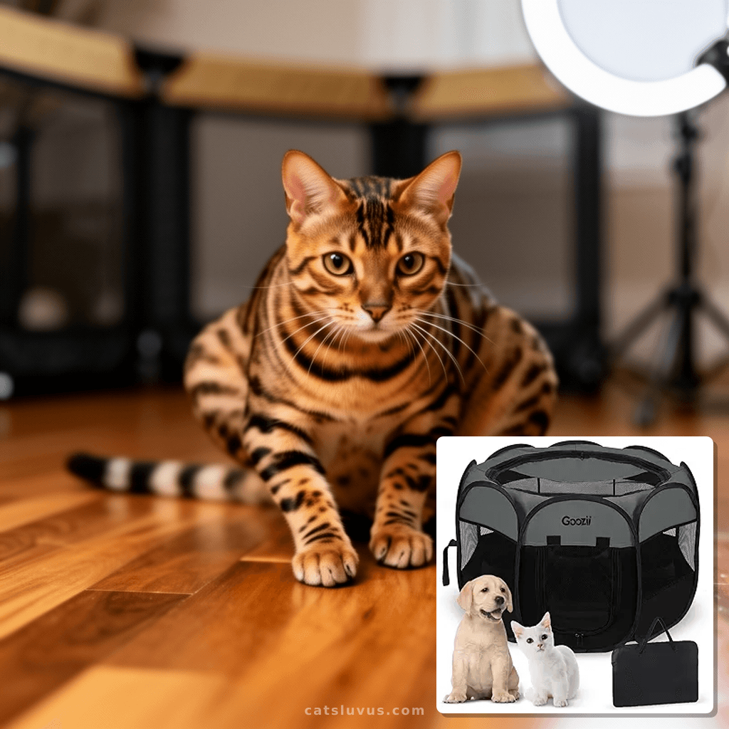 Portable Puppy Playpen Indoor with cat - professional product lifestyle photo