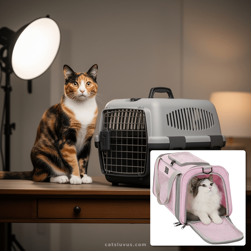 Airline Approved Cat Carrier 17.5×10.5×10.5 with cat - professional product lifestyle photo