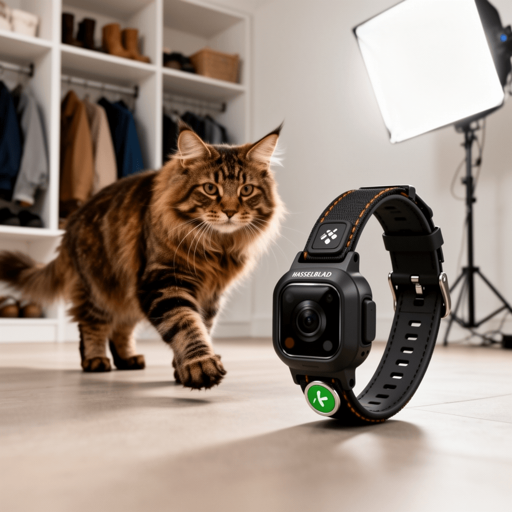 Cat Camera Collar with Tracker Tag with cat - professional product lifestyle photo