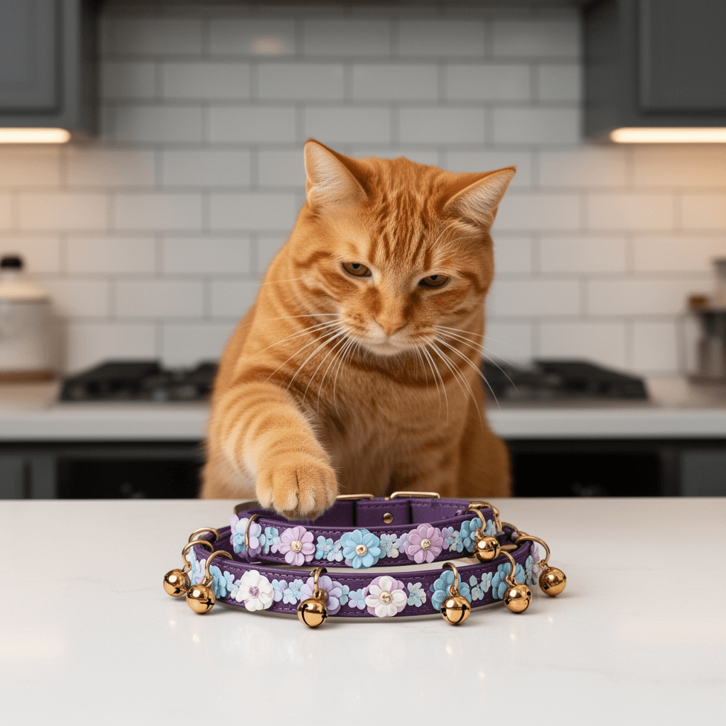 10PC Floral Cat Collar Set with Bells - Breakaway Safety for with cat - professional product lifestyle photo