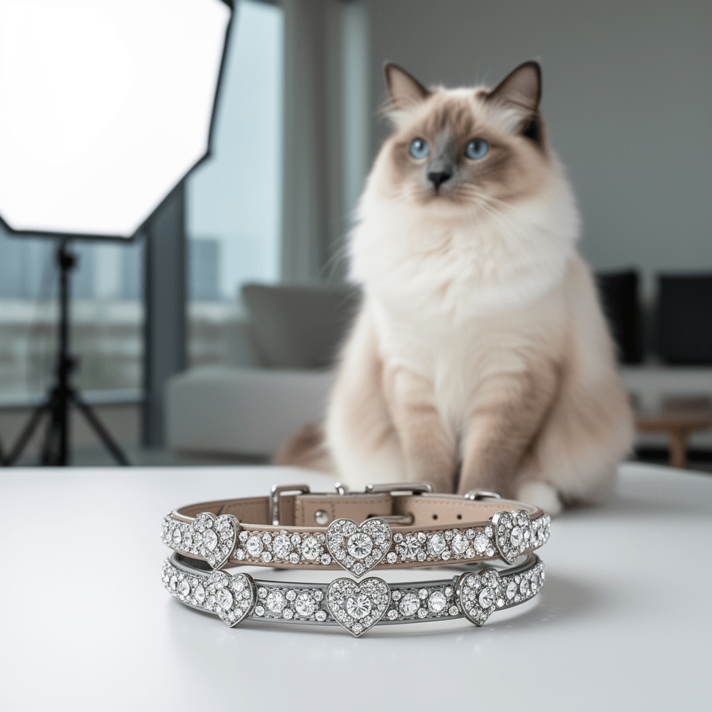 4 Pieces Rhinestone Cat Collar Heart Bling Breakaway Cat with cat - professional product lifestyle photo