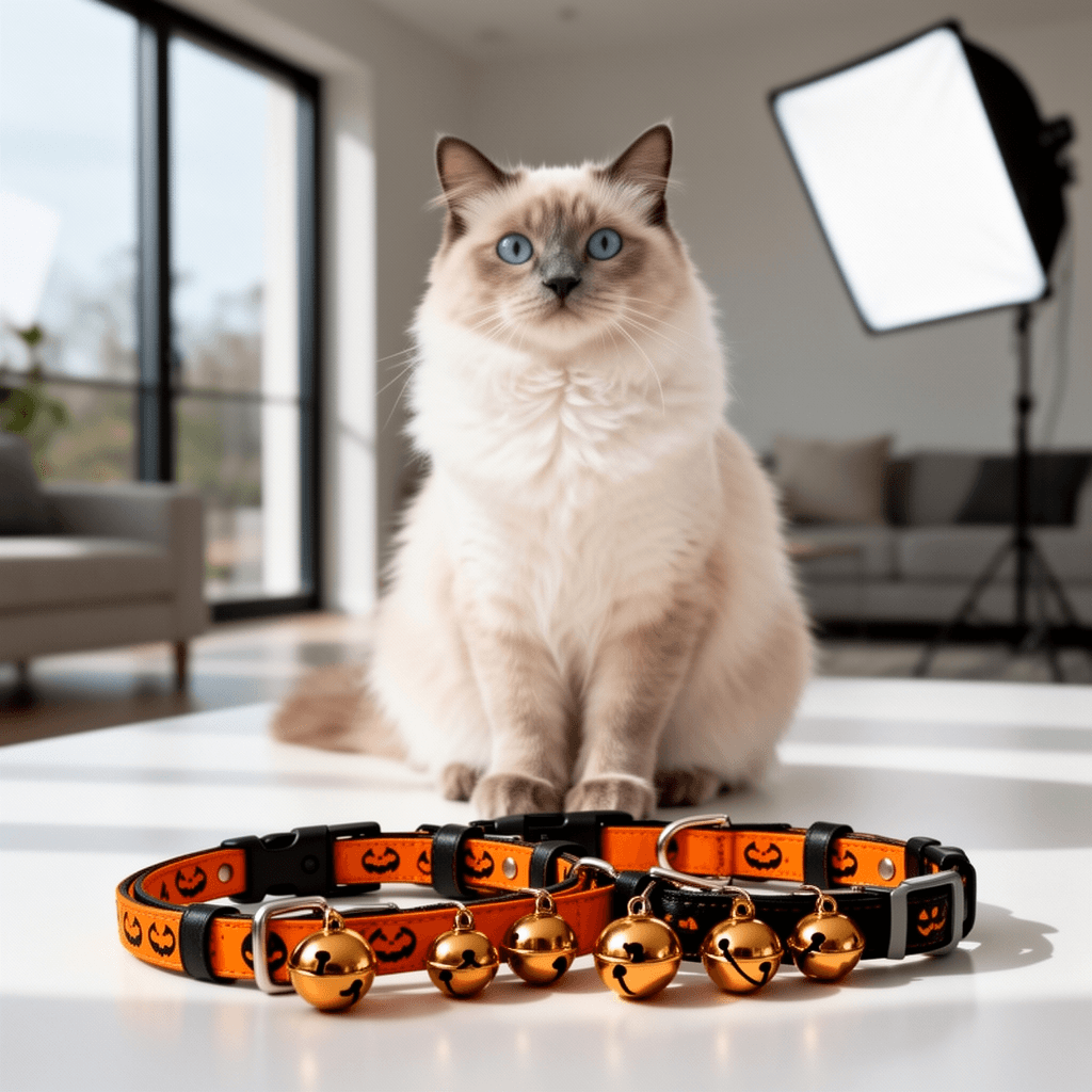 4 Pack Halloween Cat Collar Bells with cat - professional product lifestyle photo