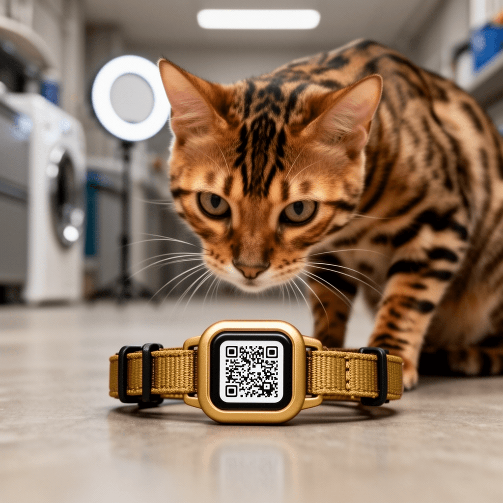 Nylon Breakaway Cat Collar QR Code with Air Tag Holder - with cat - professional product lifestyle photo