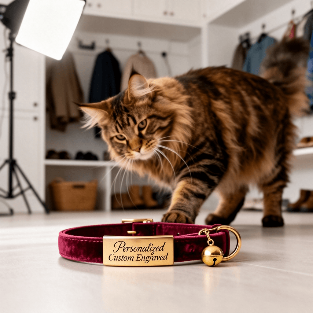 Personalized Velvet Cat Collar with Bell - Custom Engraved with cat - professional product lifestyle photo