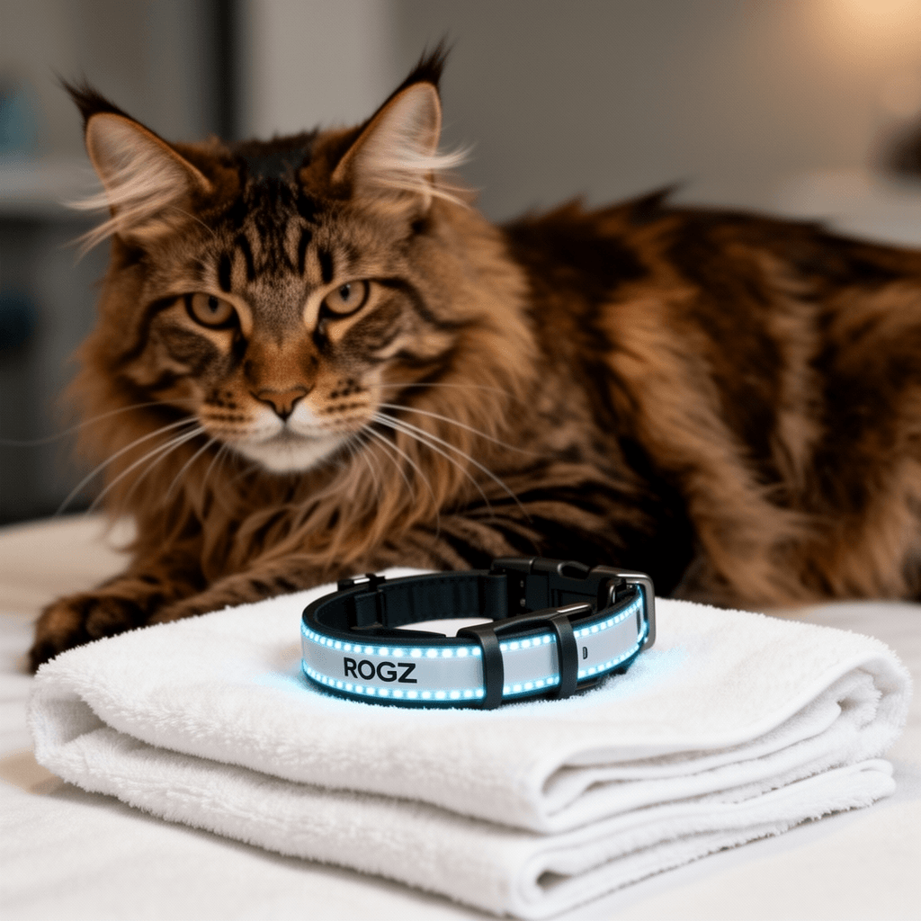 ROGZ CB09-K Glow in the Dark Reflective Cat Collar with cat - professional product lifestyle photo