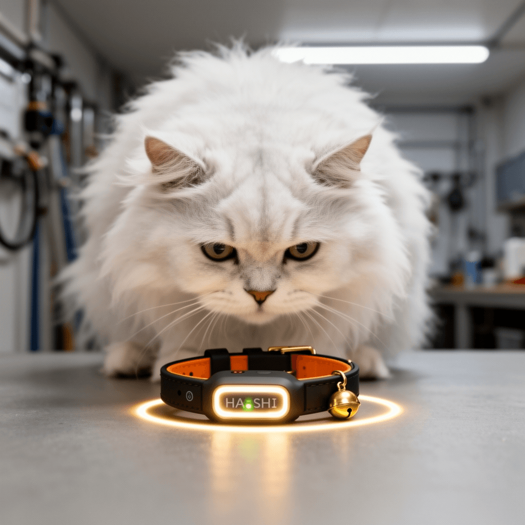 HA SHI LED Cat Collar with Bell – USB Rechargeable with cat - professional product lifestyle photo