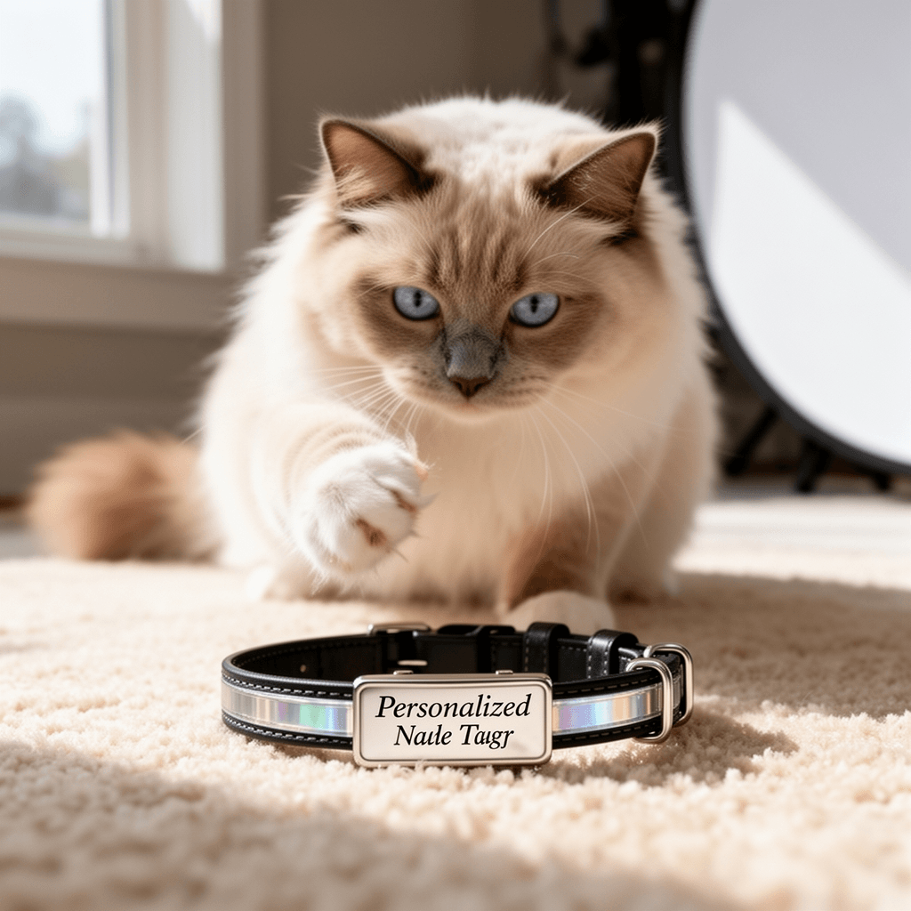 Personalized Reflective Cat Collars with Name Tag and Plated with cat - professional product lifestyle photo
