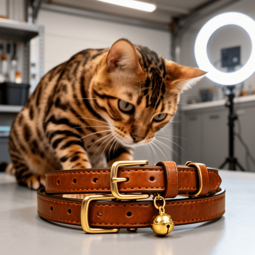Leather Cat Collars for Boy Girl Cats with Bell and Safety with cat - professional product lifestyle photo