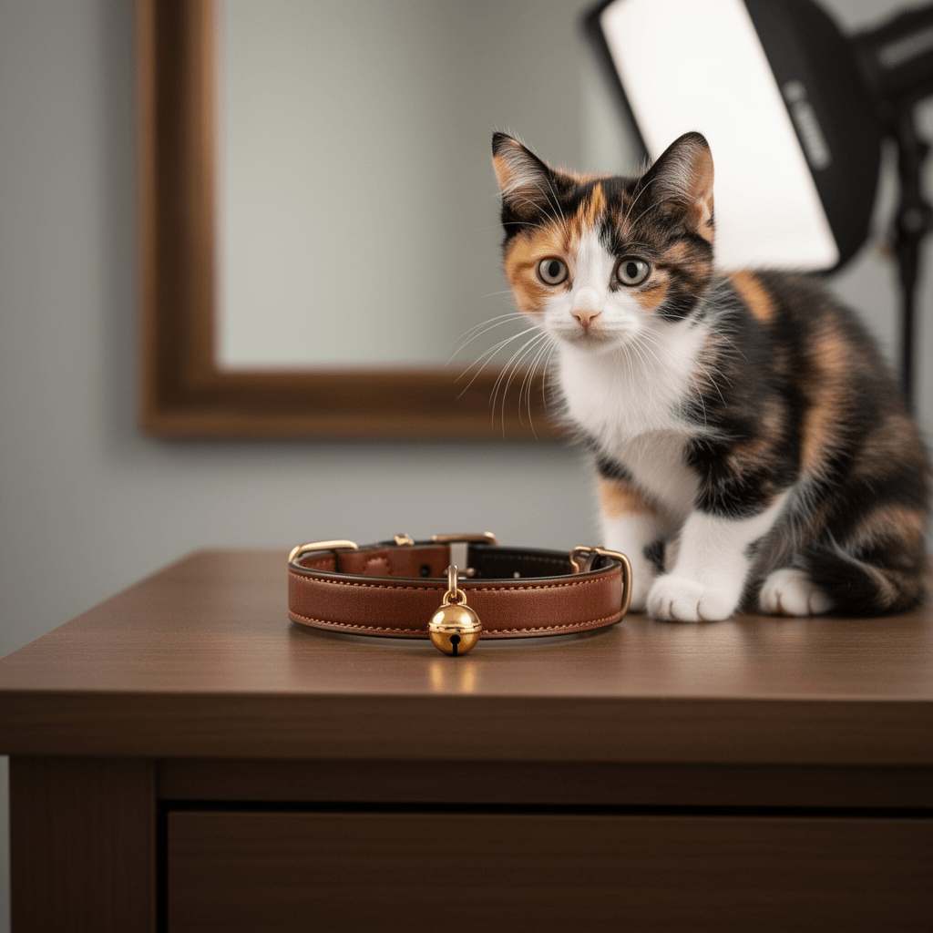 CollarDirect Leather Cat Collar with Bell - Kitten Collar with cat - professional product lifestyle photo