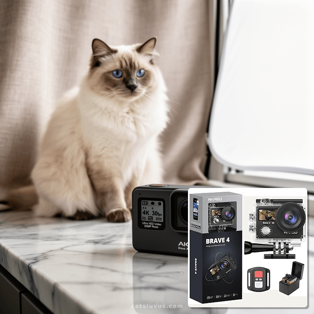 AKASO Brave 4 Action Camera 4K 30fps Ultra Hd Video 20MP Pho with cat - professional product lifestyle photo