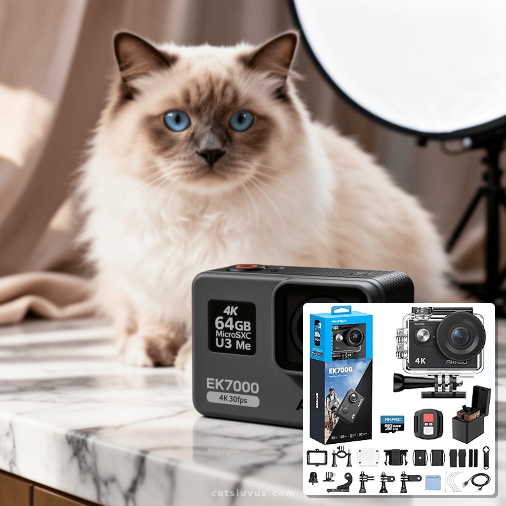 AKASO EK7000 4K30fps Action Camera with 64GB MicroSDXC U3 Me with cat - professional product lifestyle photo
