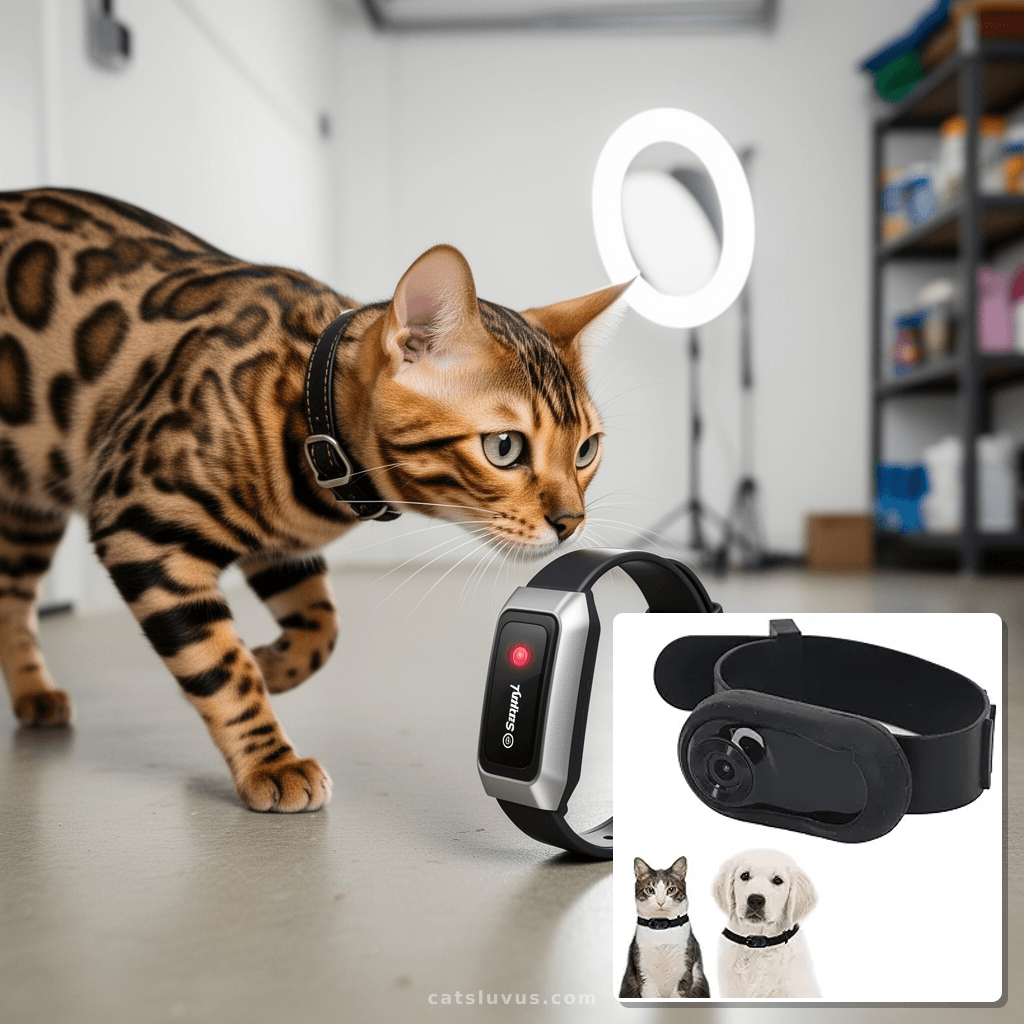 Sanpyl Pet Collar Camera with cat - professional product lifestyle photo