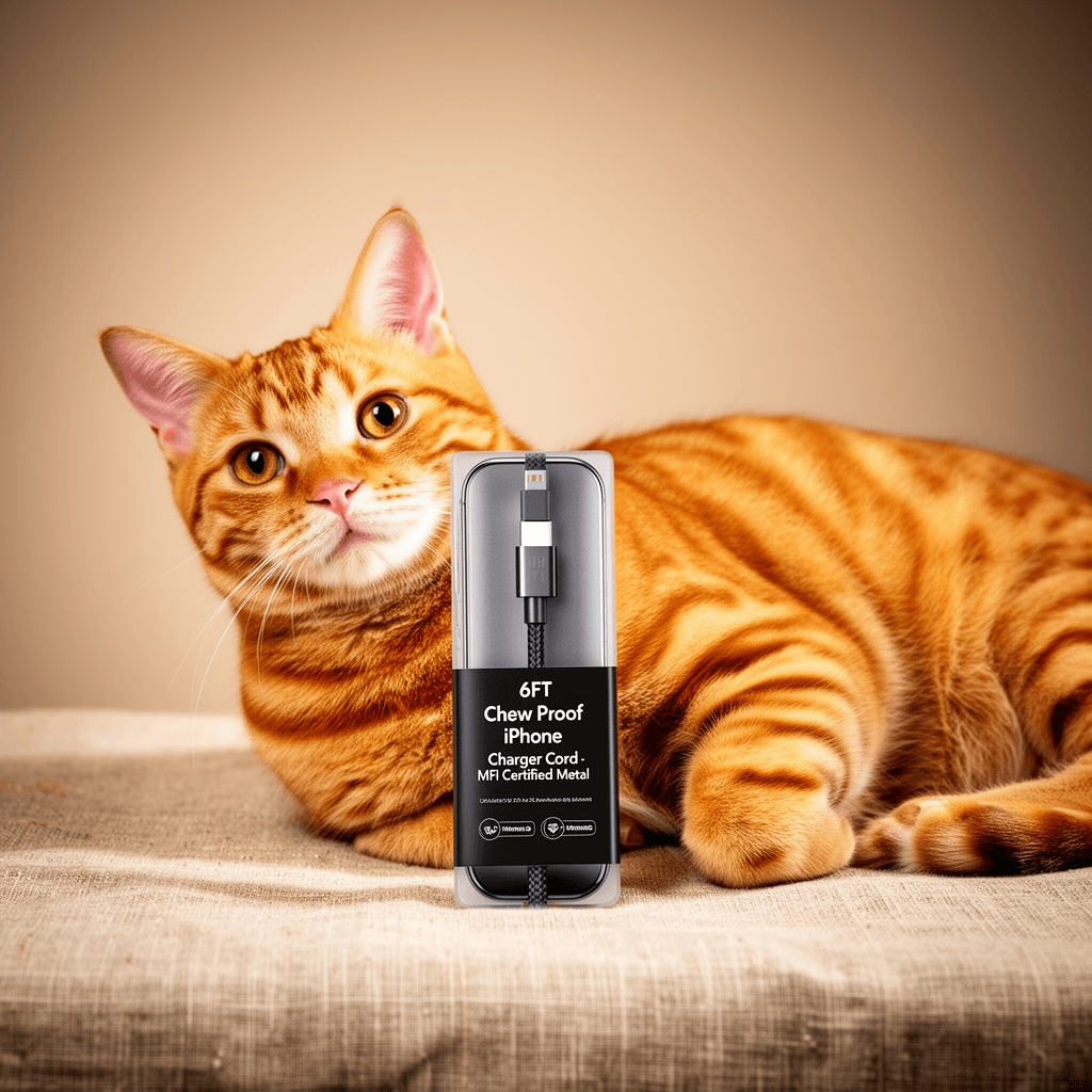 6FT Chew Proof iPhone Charger Cord - MFi Certified Metal with cat - professional product lifestyle photo