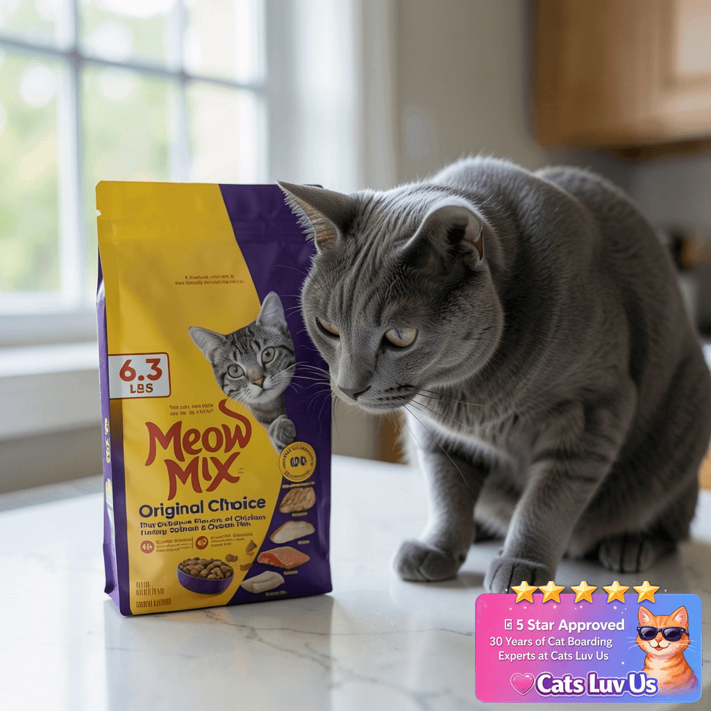 Meow Mix Original Choice Dry Cat Food with cat - professional product lifestyle photo