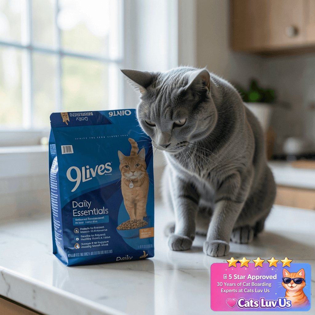 9Lives Daily Essentials Dry Cat Food with cat - professional product lifestyle photo