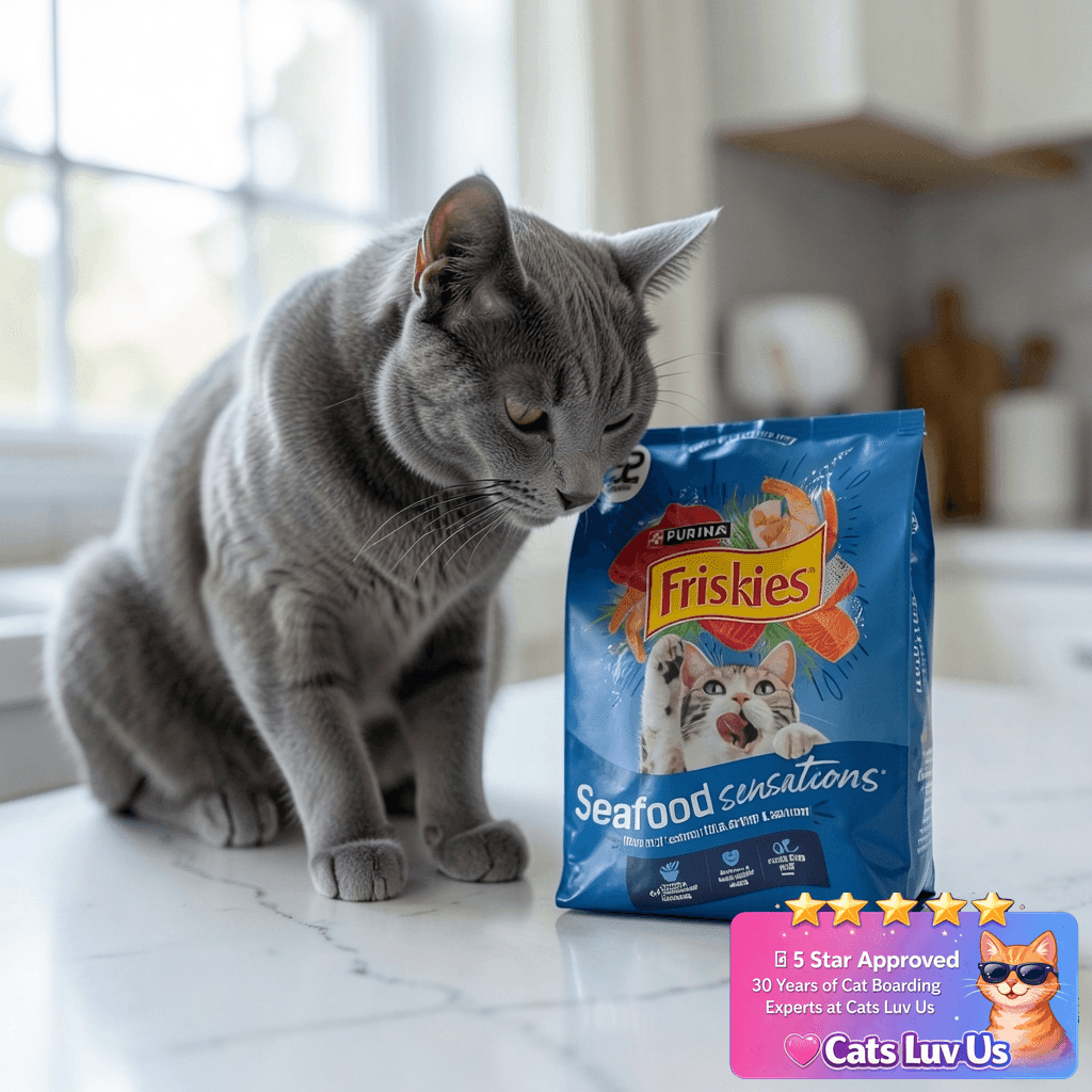 Purina Friskies Dry Cat Food Seafood Sensations With Salmon with cat - professional product lifestyle photo