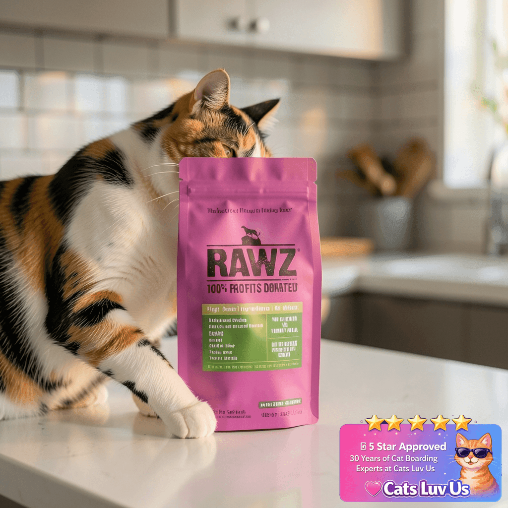 Rawz Dehydrated Chicken with cat - professional product lifestyle photo