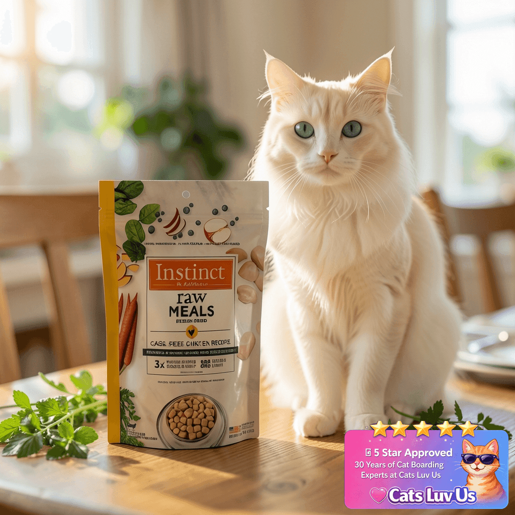 Instinct Raw Meals Freeze-Dried Chicken Cat Food with cat - professional product lifestyle photo