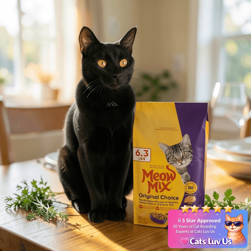 Meow Mix Original Choice Dry Cat Food with cat - professional product lifestyle photo